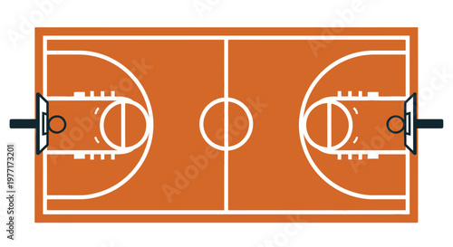 Overhead view of a basketball court with hoops lines and a center circle