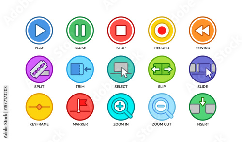 Colorful video editing icons: play, pause, stop, and more
