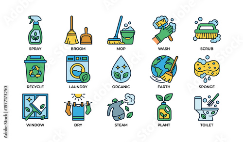 Collection of cleaning and recycling icons with earth and organic elements