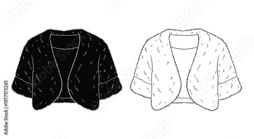 Black and white illustration of a furry cropped jacket or bolero
