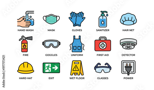 Safety equipment and hygiene icons featuring masks, gloves, sanitizer, goggles, and more