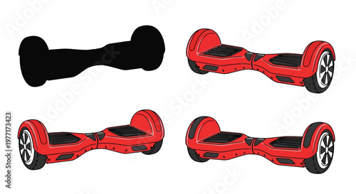 Red self balancing scooter illustrations with varying detail and a silhouette