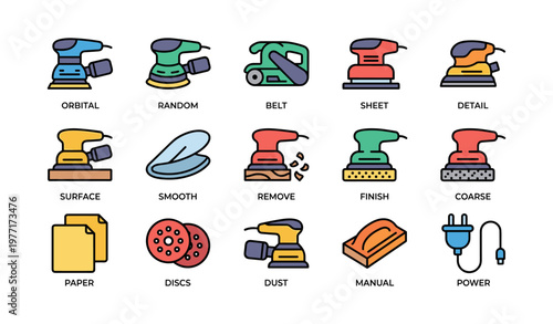 Various electric sanders and accessories overview