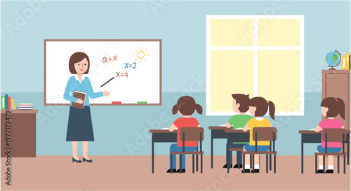 Female teacher writing on whiteboard in classroom with students sitting at desks in colorful cartoon style for education