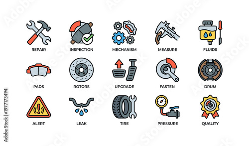 Auto repair icons: tools, inspection, fluids, parts, mechanics