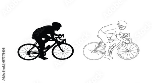 Two cyclists depicted in contrasting line art styles showcasing motion