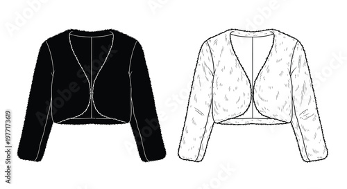 Two fashion illustrations of cropped bolero jackets in contrasting styles