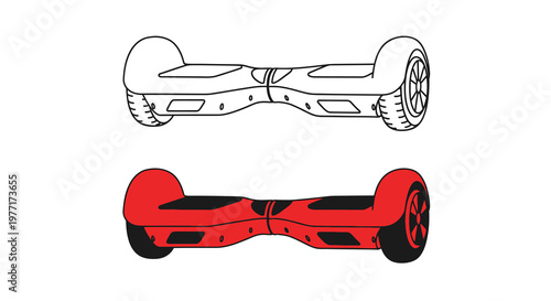 Two self balancing scooters are displayed one in black and white one in red