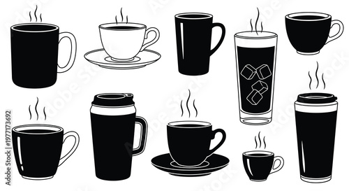 A collection of black and white coffee and tea vessels with steam