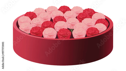 Round container filled with red and pink roses round box gift box arrangement blossoms container decoration celebration fragrant romantic