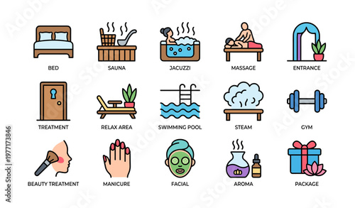 Spa and wellness icons featuring sauna, jacuzzi, and massage for relaxation and beauty