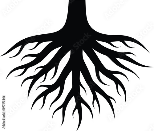 Silhouette tree roots spreading outwards representing growth and foundation vector illustration