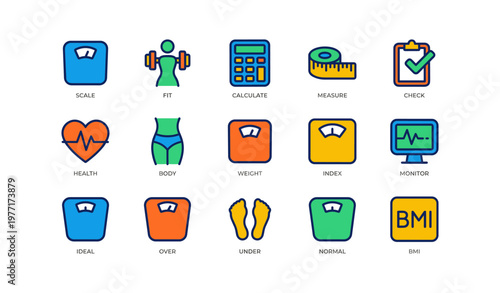 Colorful health and fitness icons including scale, exercise, measurement, and bmi