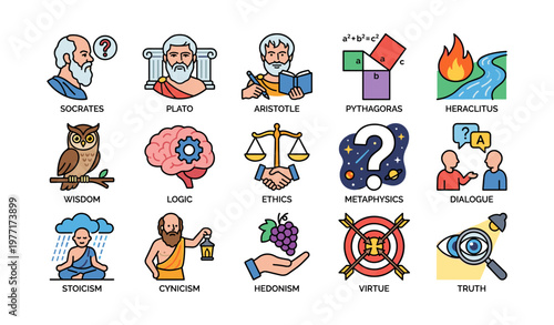 Colorful icons representing famous philosophers and key concepts in philosophy