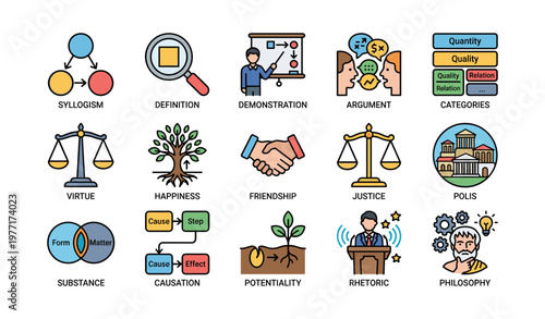 Illustrated concepts: philosophy, happiness, virtue, justice, rhetoric, friendship