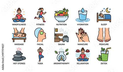 Wellness and self-care activities icons set for relaxation and health