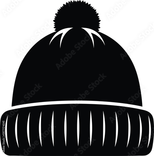 Silhouette winter beanie hat with pompom and stripes vector illustration