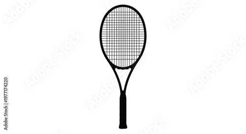 A black and white illustration of a modern tennis racket centrally positioned