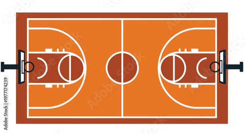 Overhead view of a basketball court with hoops and key areas outlined