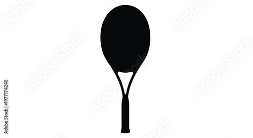 A black silhouette of a tennis racket against a solid white background