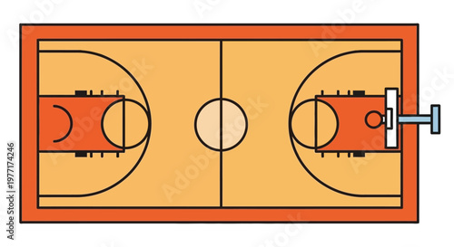 Overhead view of a basketball court with hoops backboards and center circle