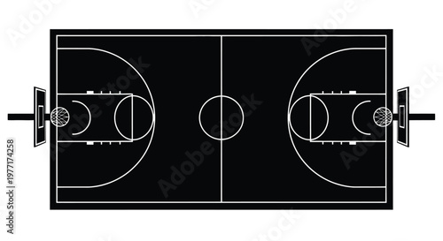 Overhead view of a black and white basketball court with hoops and markings