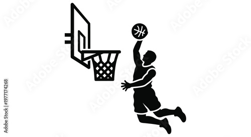 Silhouette of a basketball player in mid air preparing to dunk the ball