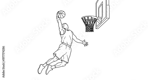 Line drawing of a basketball player in mid air preparing to dunk the ball