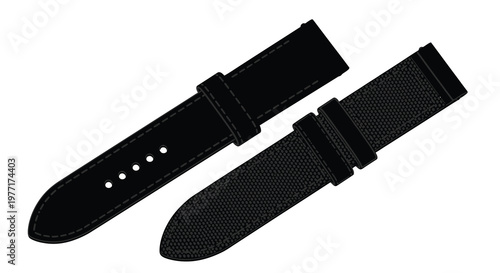 Two black watch straps one leather and one nylon displayed on a white background