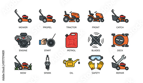 Lawn mower equipment and maintenance icons: engines, blades, safety gear, and tools