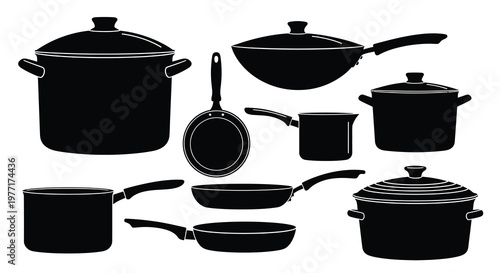Black silhouette collection of various cooking pots and frying pans