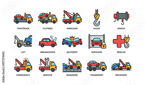 Colorful tow truck icon set featuring breakdown and roadside services