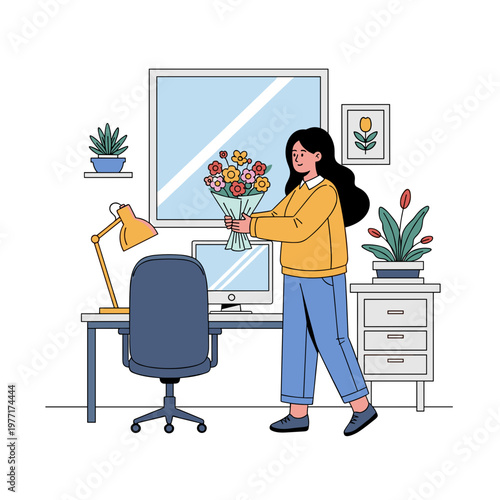 Woman holding flower bouquet in modern office. Flat design vector illustration. Workplace interior and lifestyle concept