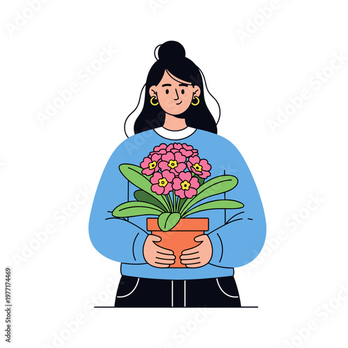 Woman holding potted primrose flowers. Flat design vector illustration. Minimalist character isolated on white background