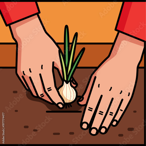 Hands planting a bulb in soil. Bold cartoon vector illustration. Gardening and agriculture concept graphic