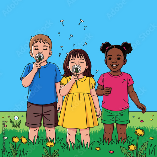 Children blowing dandelion seeds in a field. Diverse kids playing in nature. Cartoon vector illustration