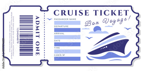 Cruise boarding pass template with ocean liner and sea background illustration, blank information fields and text. Vector template for cruise travel