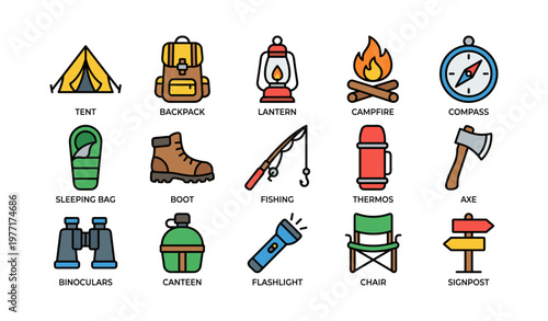 Outdoor adventure gear icons: tent, backpack, lantern, campfire, compass