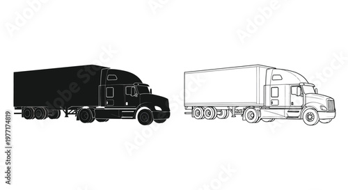 Two depictions of a semi truck one solid black one outlined in white