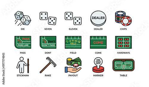 Casino game elements: dice, chips, cards, and equipment illustrations
