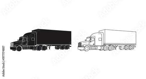 Two semi trucks depicted in contrasting black and white line art styles