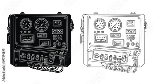 Detailed illustration of vintage control panels with gauges and switches