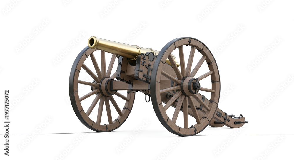 Fototapeta premium Isolated historical brass cannon on wooden wheels, detailed antique artillery weapon, isolated on a clean white background, symbol of war and history