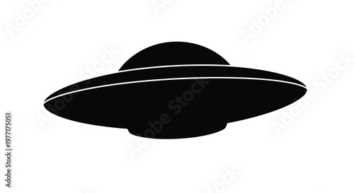 A simple black silhouette of a classic flying saucer spaceship