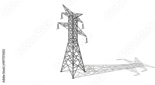Isolated high voltage electricity pylon with intricate lattice structure and cast shadow on white background, industrial power transmission infrastructure