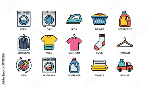 Colorful icons of laundry machines and supplies for efficient wash day routine