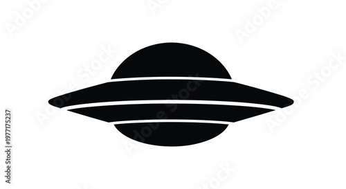 Simple black silhouette of a classic flying saucer spaceship on white
