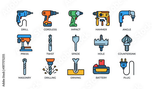 Collection of colorful power tools and accessories icons