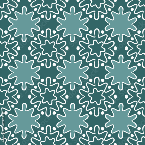 Seamless pattern with white floral elements on a mint green background. Oriental style ornament. Vector illustration.