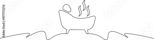 A minimalist line drawing of a person relaxing in a bathtub with steam rising